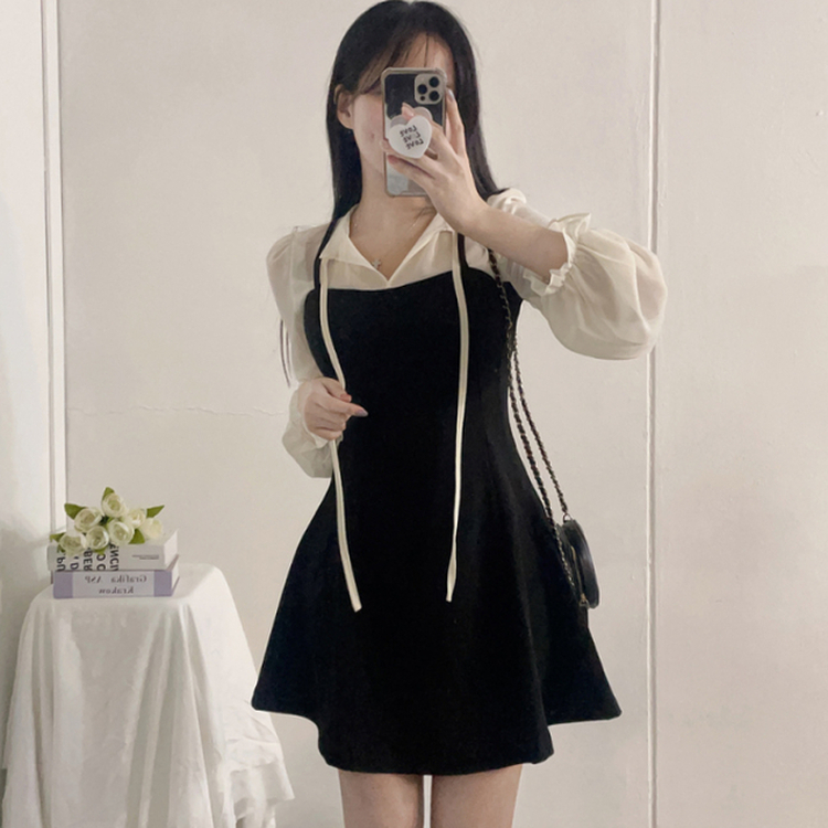 リボンシフォンブラウスワンピース BLACK