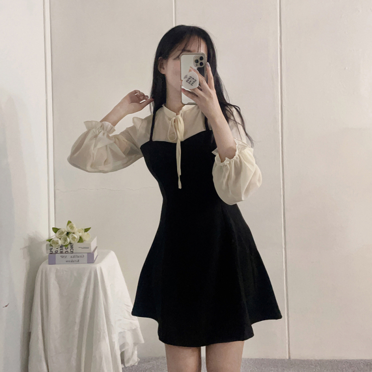 リボンシフォンブラウスワンピース BLACK