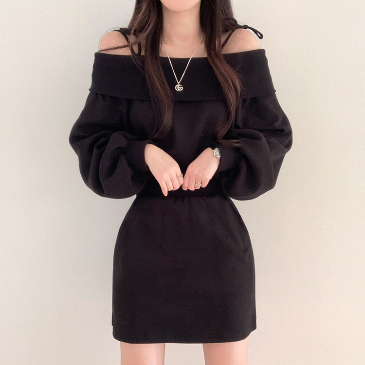 ショルダーリボンウエストワンピース BLACK