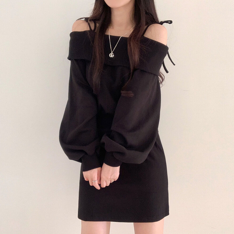 ショルダーリボンウエストワンピース BLACK