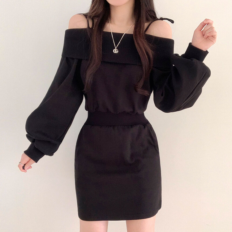 ショルダーリボンウエストワンピース BLACK