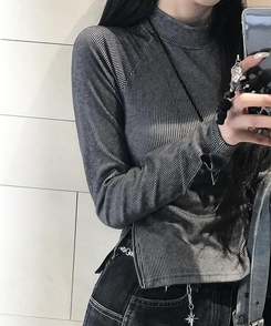 長袖Tシャツ ファスナーハイネックTシャツ BLACK
