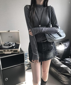 長袖Tシャツ ファスナーハイネックTシャツ BLACK