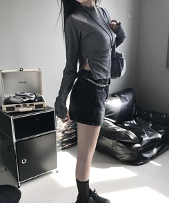 長袖Tシャツ ファスナーハイネックTシャツ BLACK