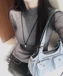 長袖Tシャツ ファスナーハイネックTシャツ BLACK