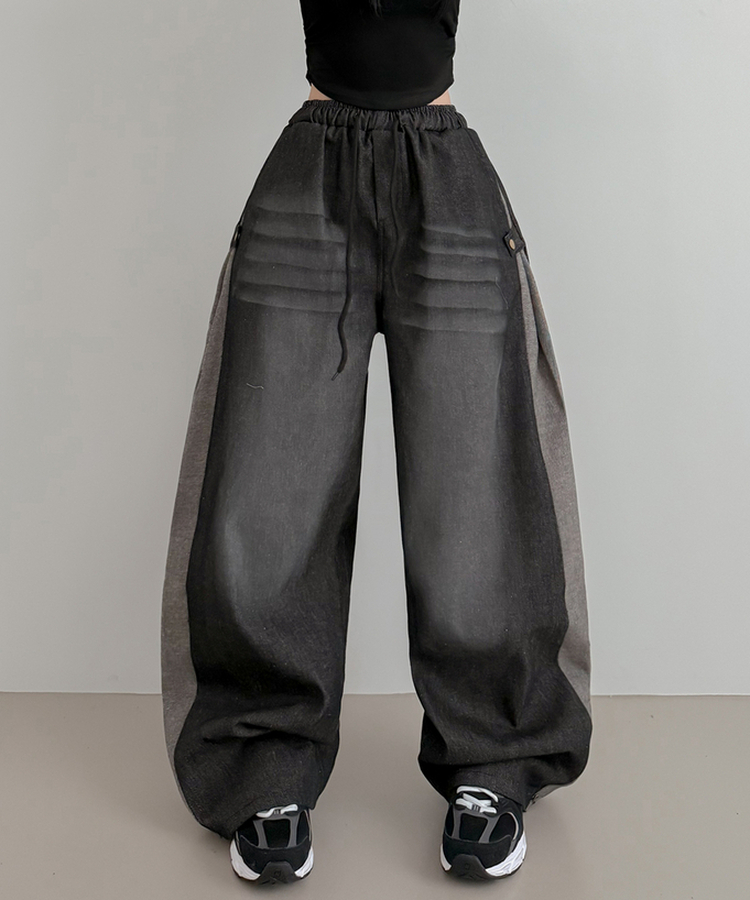 【丈別】バイカラーロングワイドバンディングパンツ BLACK