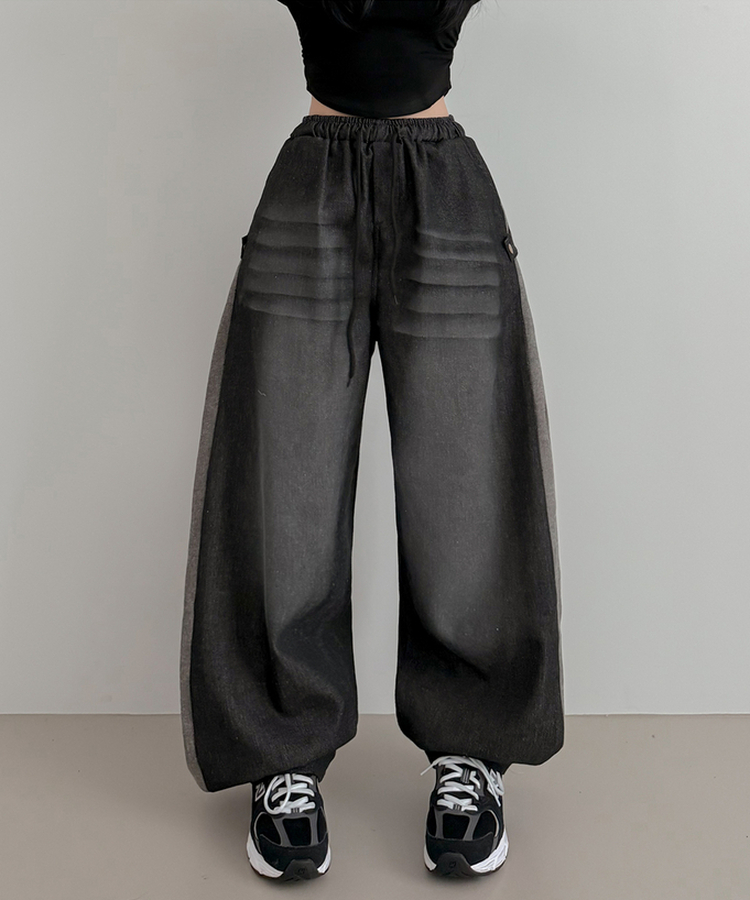 【丈別】バイカラーロングワイドバンディングパンツ BLACK
