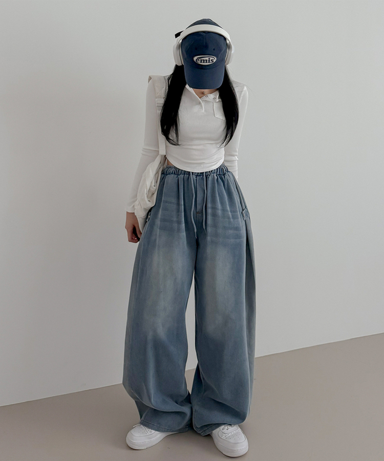 【丈別】バイカラーロングワイドバンディングパンツ BLUE