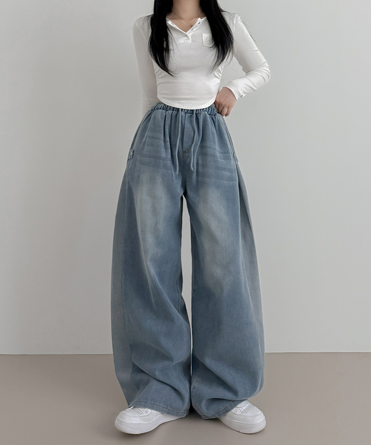 【丈別】バイカラーロングワイドバンディングパンツ BLUE