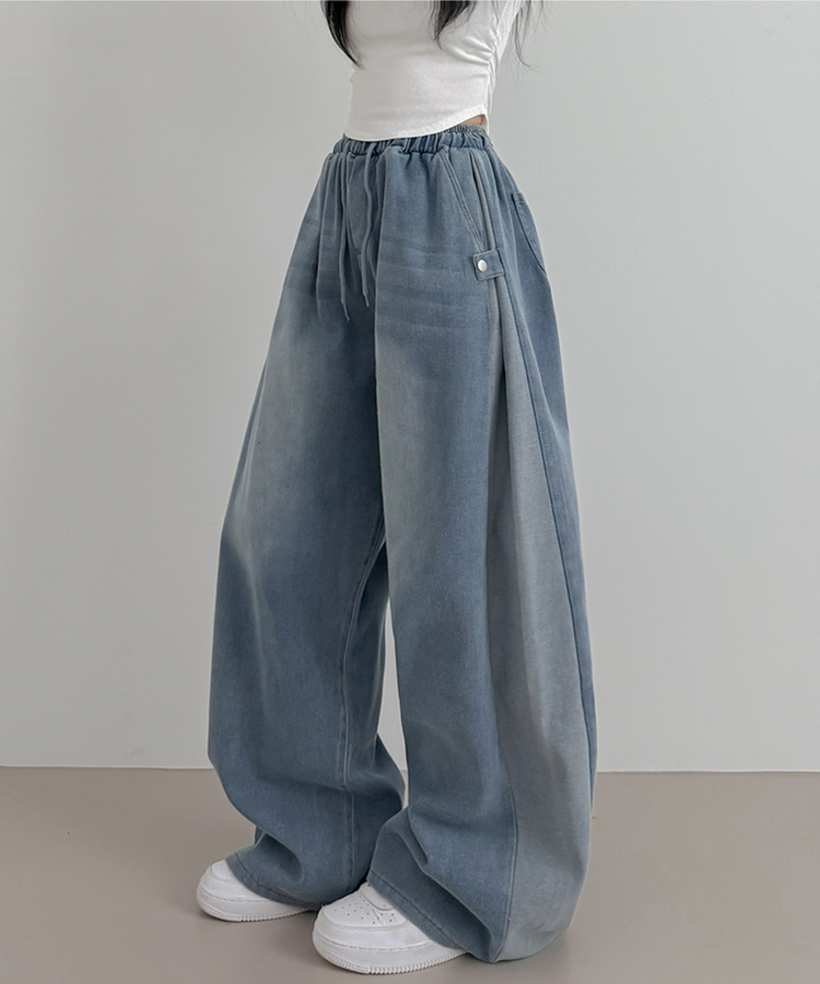 【丈別】バイカラーロングワイドバンディングパンツ BLUE