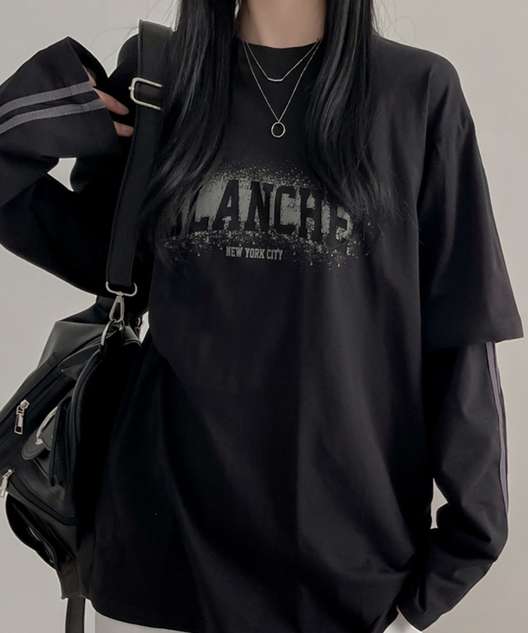 バランレイヤードトラックライン長袖Tシャツ BLACK