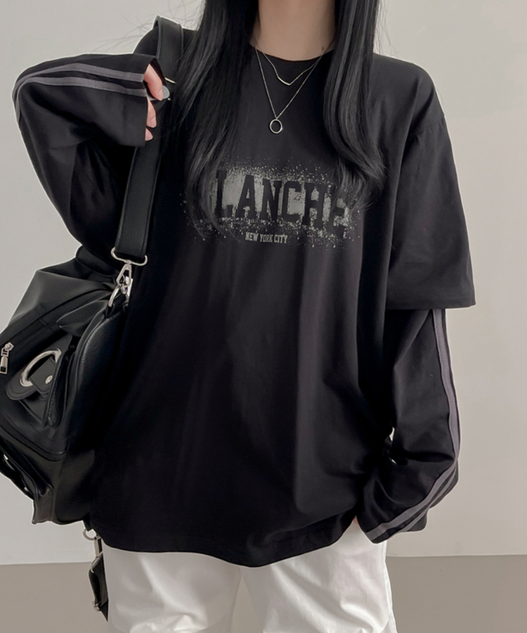 バランレイヤードトラックライン長袖Tシャツ BLACK