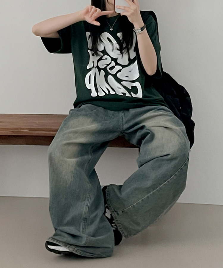 スローレタリング半袖Tシャツ GREEN