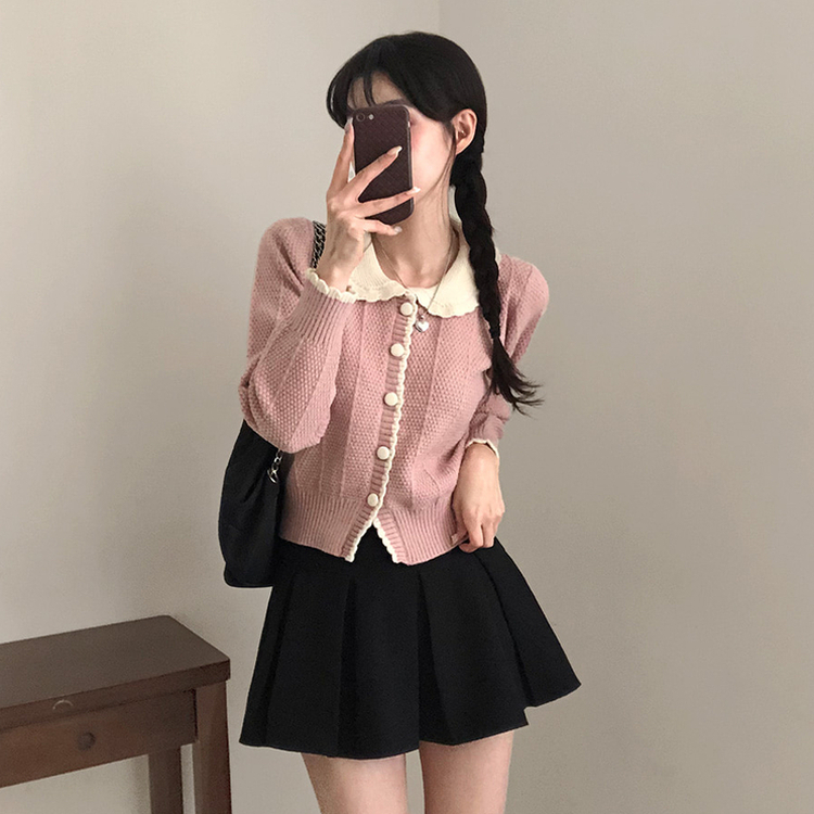 バイカラーフラワーニットカーディガン PINK