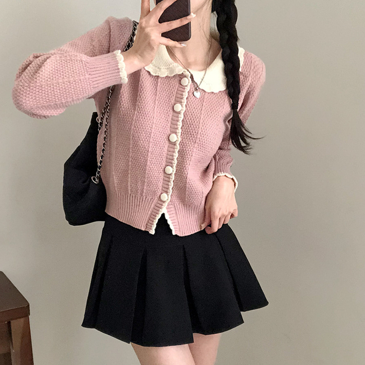 バイカラーフラワーニットカーディガン PINK