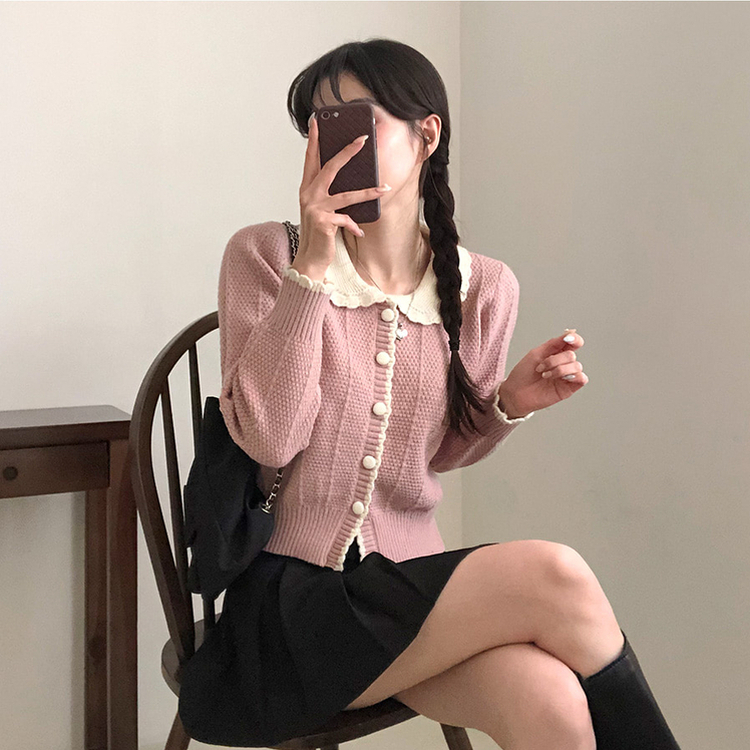 バイカラーフラワーニットカーディガン PINK