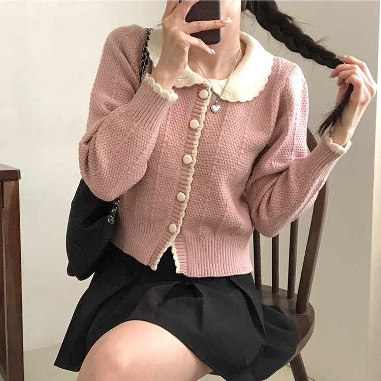 バイカラーフラワーニットカーディガン PINK