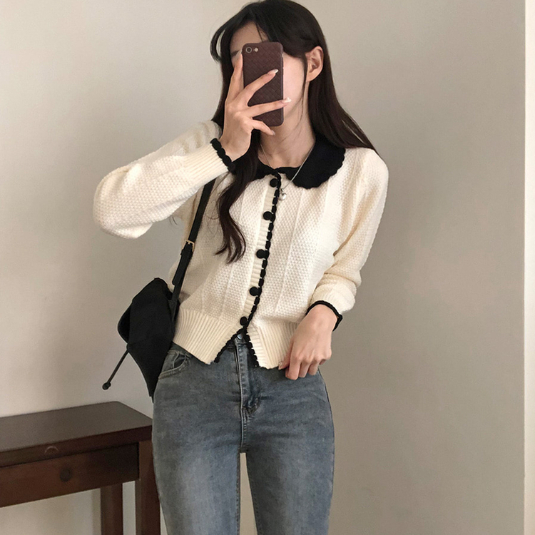 バイカラーフラワーニットカーディガン IVORY