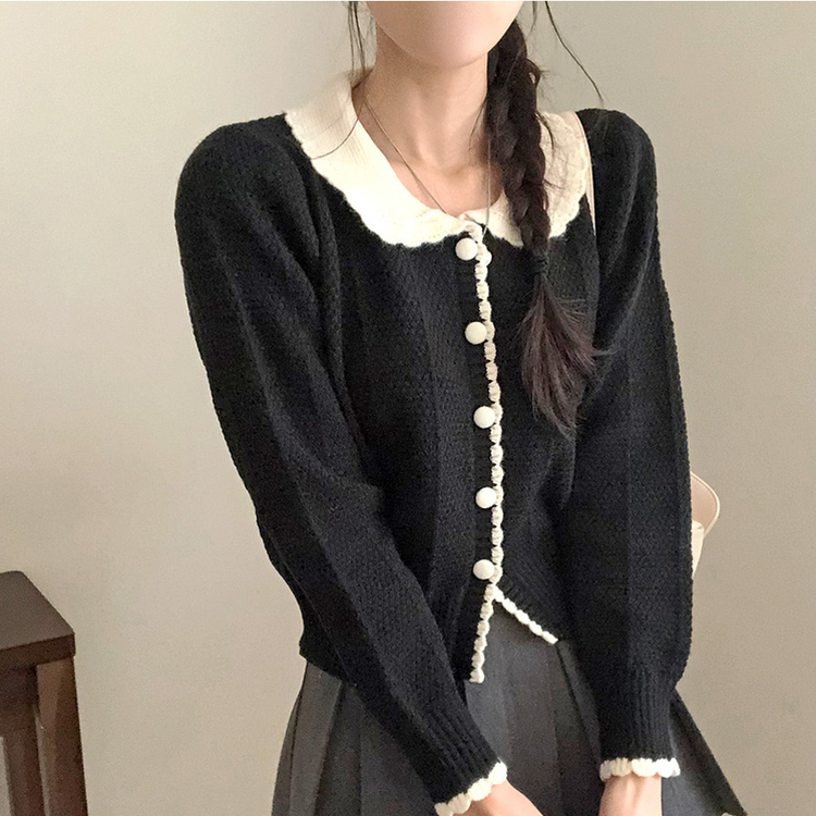 バイカラーフラワーニットカーディガン BLACK