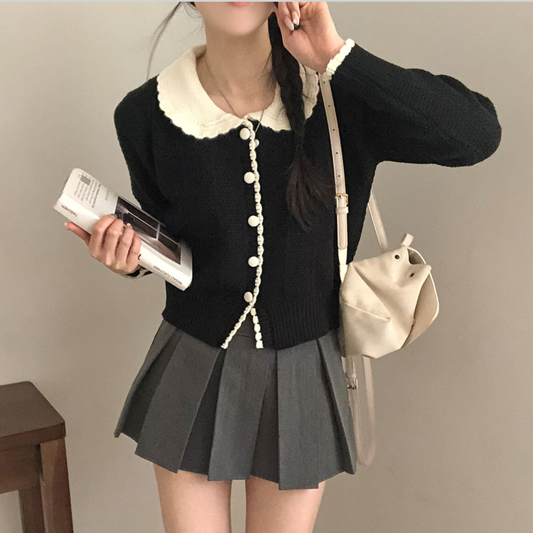バイカラーフラワーニットカーディガン BLACK