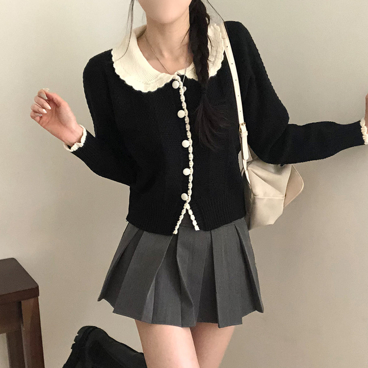 バイカラーフラワーニットカーディガン BLACK