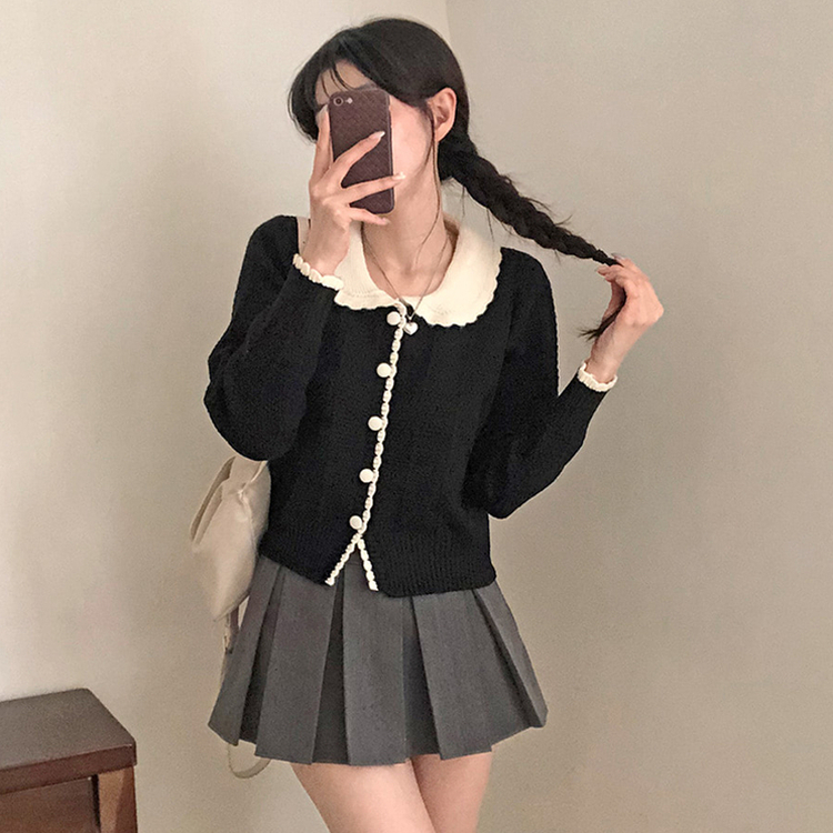 バイカラーフラワーニットカーディガン BLACK