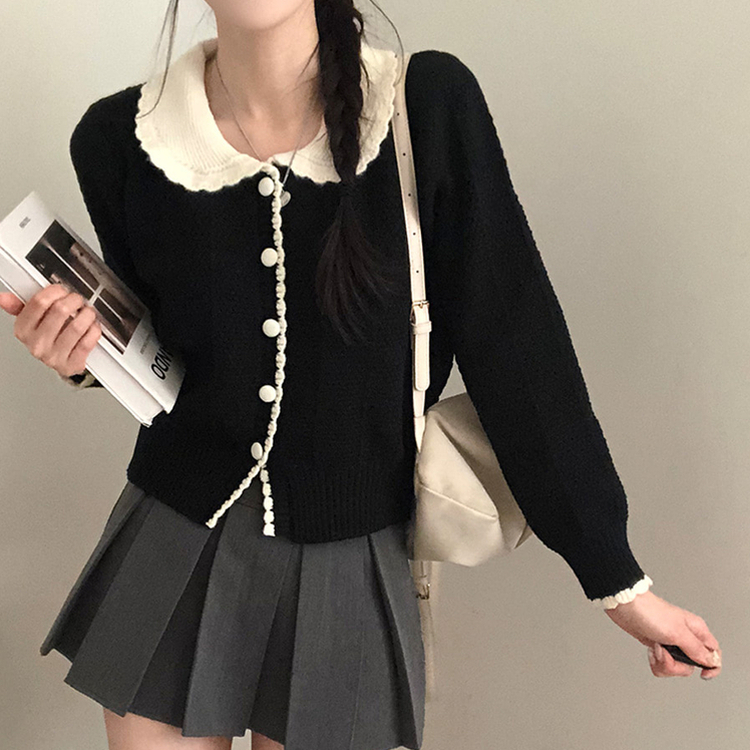 バイカラーフラワーニットカーディガン BLACK