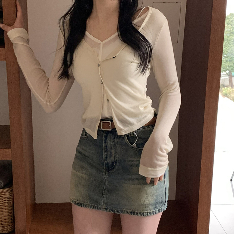 スリムバイカラーVネックカーディガン(6color) CREAM
