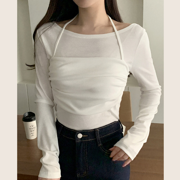 （レイヤード風♥ / 華奢見え）マイリットドレープホルターネックビスチェレイヤード長袖Tシャツ IVORY