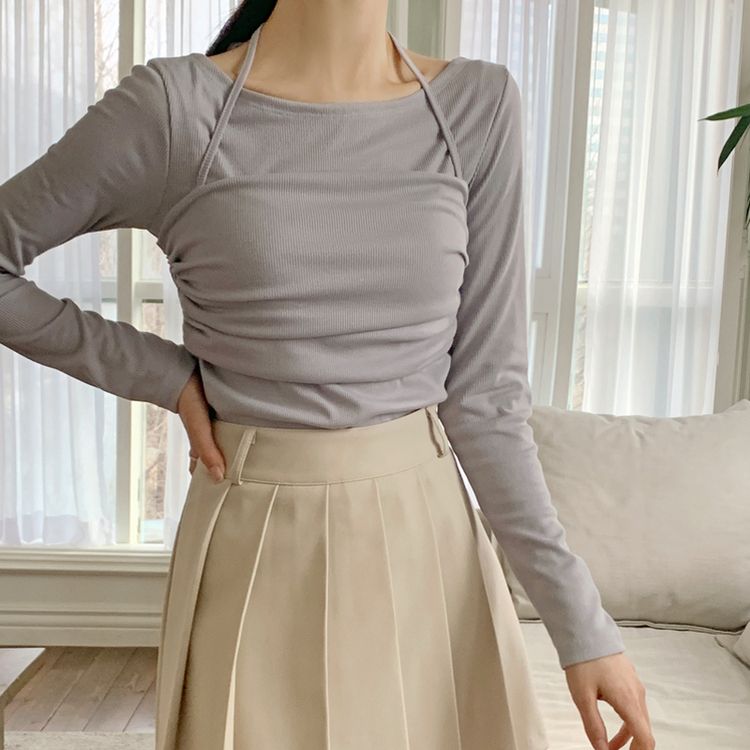 （レイヤード風♥ / 華奢見え）マイリットドレープホルターネックビスチェレイヤード長袖Tシャツ BLUE GRAY
