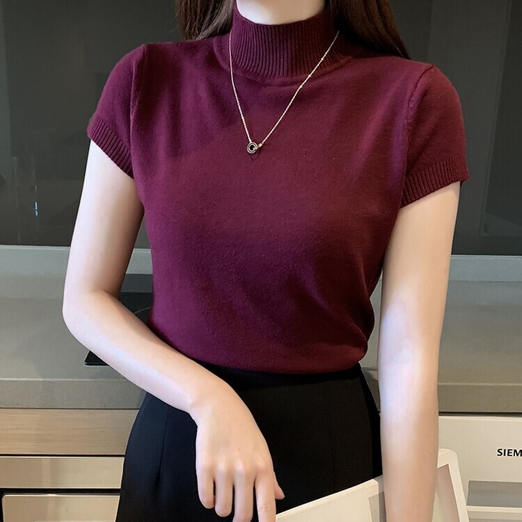 タートルネック半袖ニット(6color) WINE
