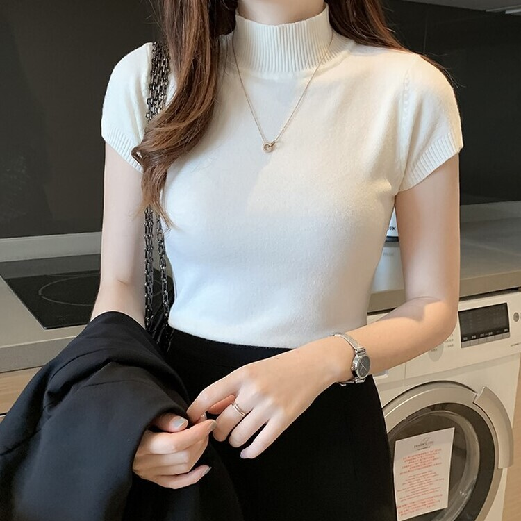 タートルネック半袖ニット(6color) WHITE