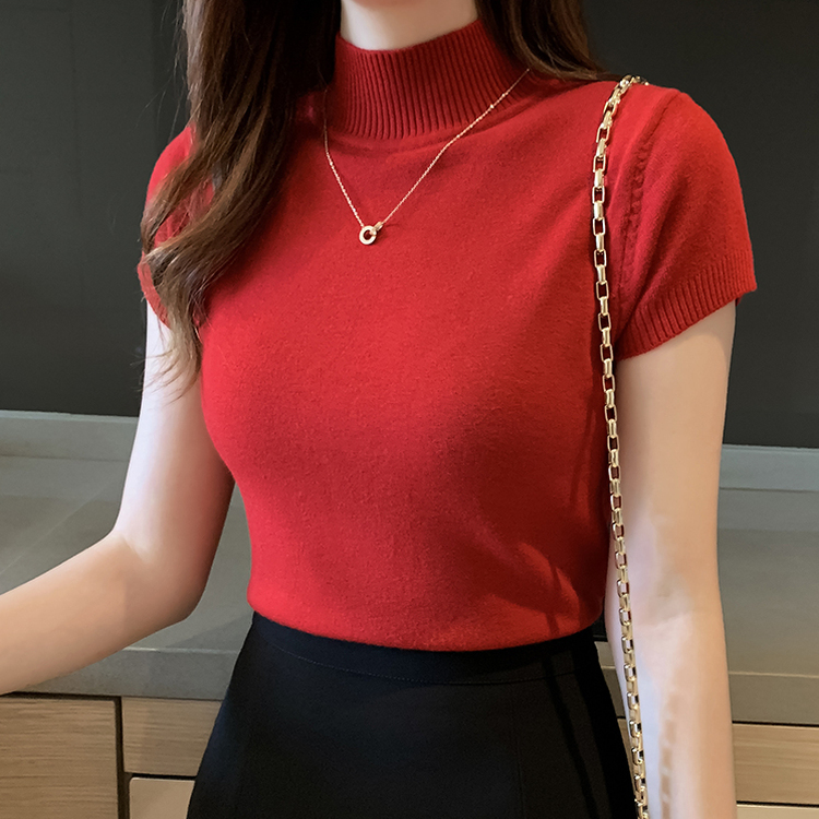 タートルネック半袖ニット(6color) RED