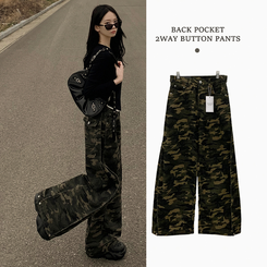 카모 왕벌룬 빈티지힙 백포켓 투웨이 스냅버튼 하이웨스트 로우라이즈 사이드핀턱 절개 밀리터리 코튼 와이드데님 롱팬츠 빅사이즈 카키