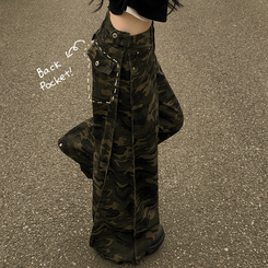 카모 왕벌룬 빈티지힙 백포켓 투웨이 스냅버튼 하이웨스트 로우라이즈 사이드핀턱 절개 밀리터리 코튼 와이드데님 롱팬츠 빅사이즈 카키