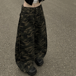 카모 왕벌룬 빈티지힙 백포켓 투웨이 스냅버튼 하이웨스트 로우라이즈 사이드핀턱 절개 밀리터리 코튼 와이드데님 롱팬츠 빅사이즈 카키