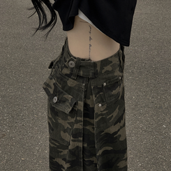 카모 왕벌룬 빈티지힙 백포켓 투웨이 스냅버튼 하이웨스트 로우라이즈 사이드핀턱 절개 밀리터리 코튼 와이드데님 롱팬츠 빅사이즈 카키