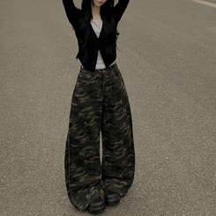 카모 왕벌룬 빈티지힙 백포켓 투웨이 스냅버튼 하이웨스트 로우라이즈 사이드핀턱 절개 밀리터리 코튼 와이드데님 롱팬츠 빅사이즈 카키