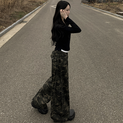 카모 왕벌룬 빈티지힙 백포켓 투웨이 스냅버튼 하이웨스트 로우라이즈 사이드핀턱 절개 밀리터리 코튼 와이드데님 롱팬츠 빅사이즈 카키