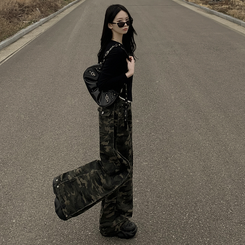 카모 왕벌룬 빈티지힙 백포켓 투웨이 스냅버튼 하이웨스트 로우라이즈 사이드핀턱 절개 밀리터리 코튼 와이드데님 롱팬츠 빅사이즈 카키