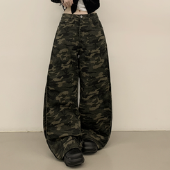 카모 왕벌룬 빈티지힙 백포켓 투웨이 스냅버튼 하이웨스트 로우라이즈 사이드핀턱 절개 밀리터리 코튼 와이드데님 롱팬츠 빅사이즈 카키