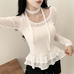 長袖Tシャツ 【マフラー付き】フラワーシースルー長袖Tシャツ WHITE