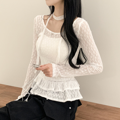 長袖Tシャツ 【マフラー付き】フラワーシースルー長袖Tシャツ WHITE