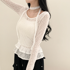 長袖Tシャツ 【マフラー付き】フラワーシースルー長袖Tシャツ WHITE