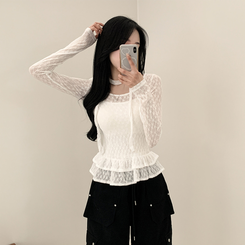 長袖Tシャツ 【マフラー付き】フラワーシースルー長袖Tシャツ WHITE