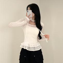 長袖Tシャツ 【マフラー付き】フラワーシースルー長袖Tシャツ WHITE