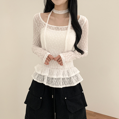 長袖Tシャツ 【マフラー付き】フラワーシースルー長袖Tシャツ WHITE