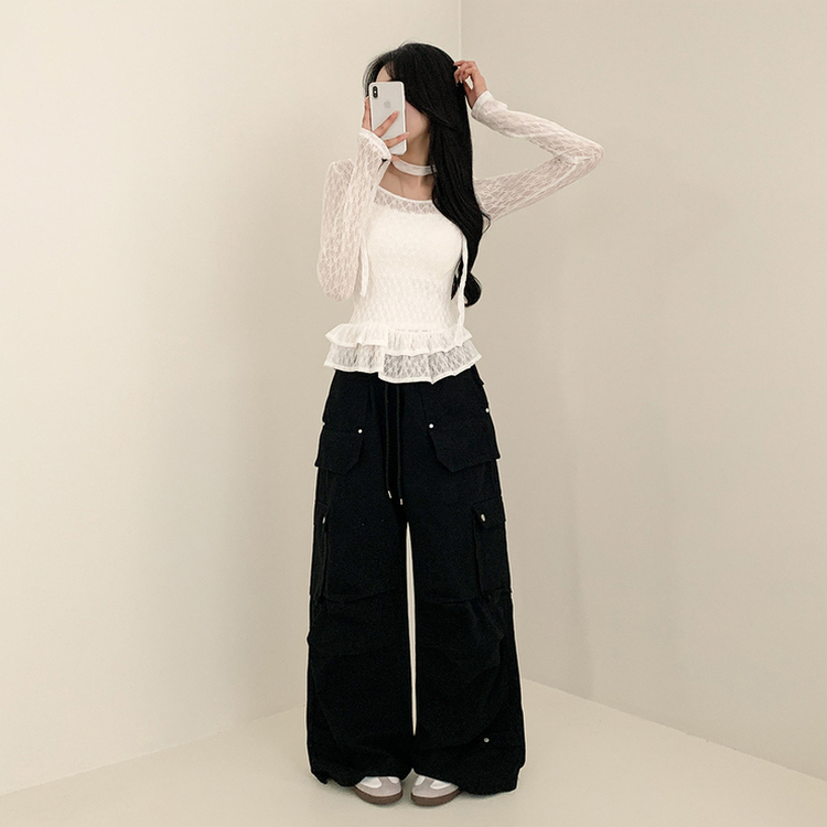 【マフラー付き】フラワーシースルー長袖Tシャツ WHITE