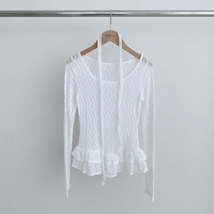 【マフラー付き】フラワーシースルー長袖Tシャツ