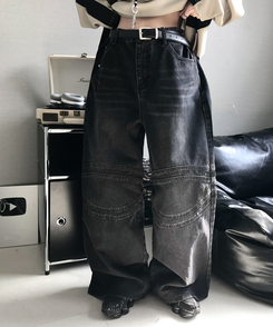 デニム スリットデニムワイドパンツ BLACK